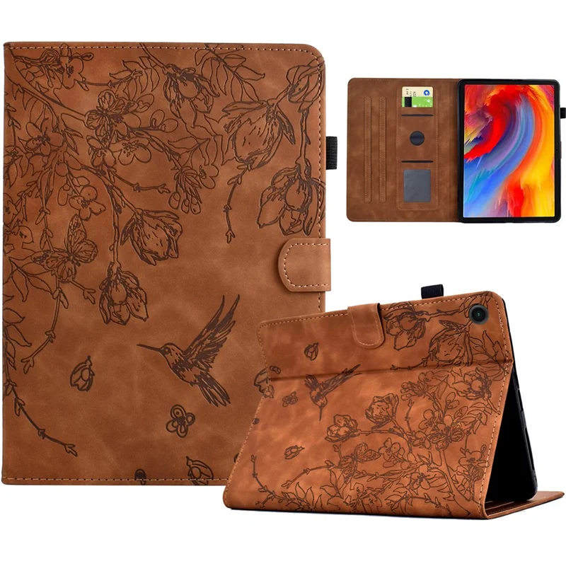 For Lenovo Tab M10 (Gen 3) Case Flower Bird Imprinted Card Holder Leather Tablet Cover - Brown
