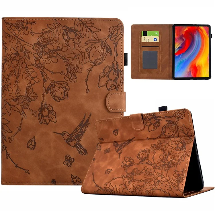 Capa para Amazon Kindle 6" (2022) Estampa de Flor e Pássaro com Porta-Cartão de Couro - Marrom