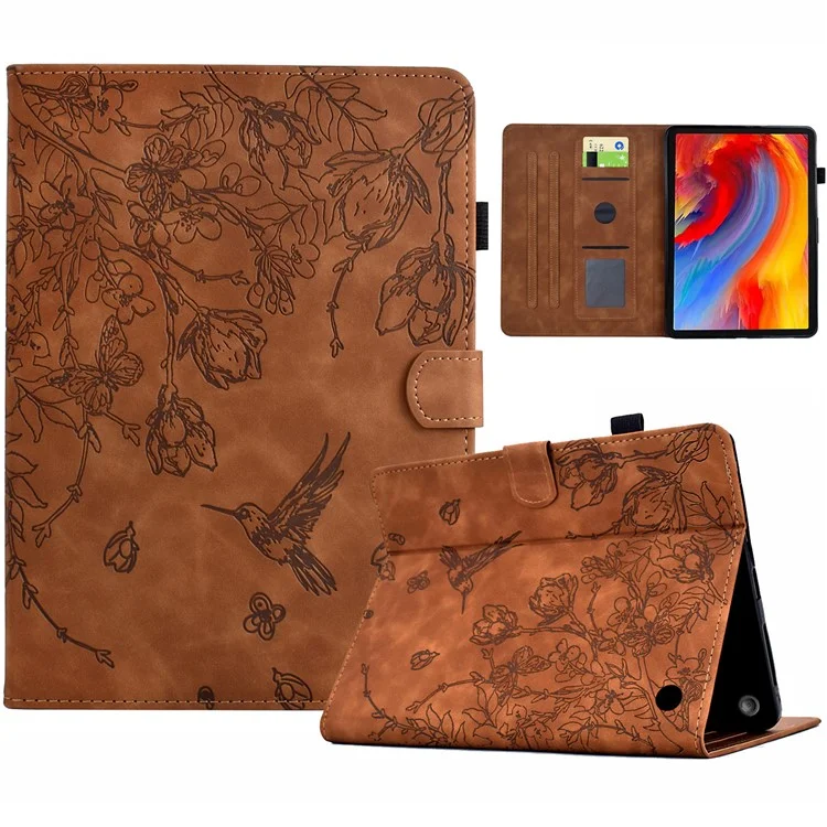 For Amazon Fire 7 (2022) Case Flower Bird Imprinted Card Holder Leather Tablet Cover - Brown