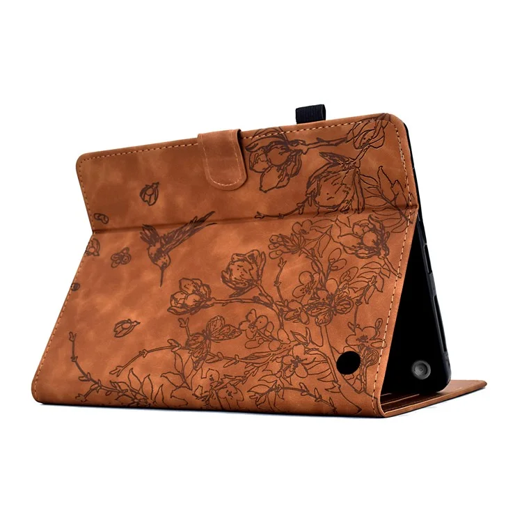 For Amazon Fire 7 (2022) Case Flower Bird Imprinted Card Holder Leather Tablet Cover - Brown