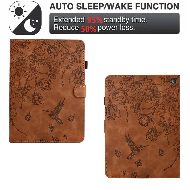 For Amazon Fire 7 (2022) Case Flower Bird Imprinted Card Holder Leather Tablet Cover - Brown