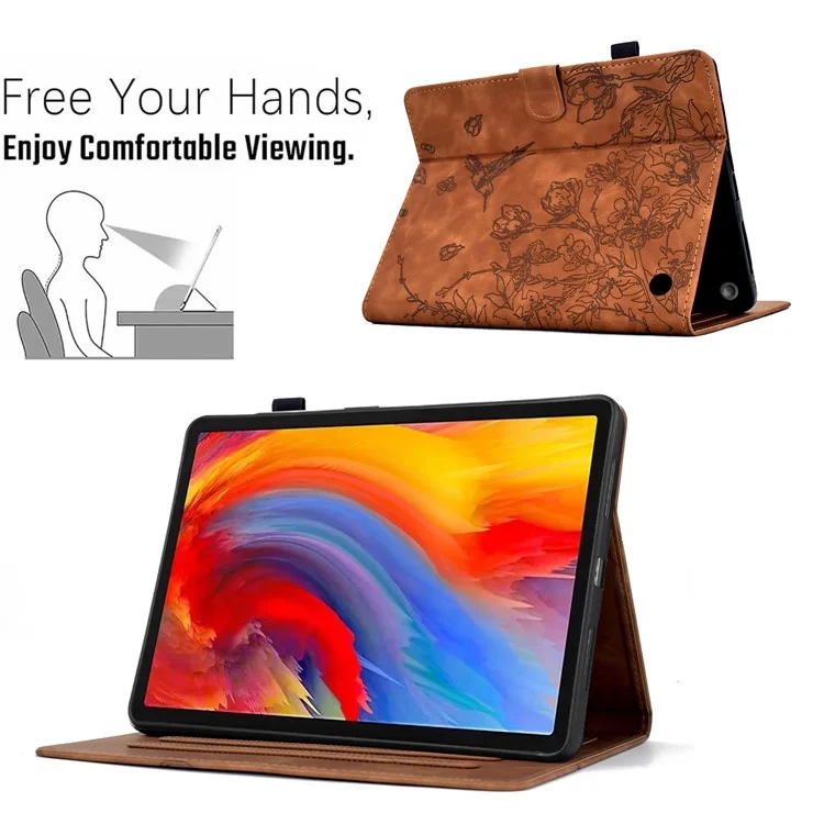 For Amazon Fire 7 (2022) Case Flower Bird Imprinted Card Holder Leather Tablet Cover - Brown