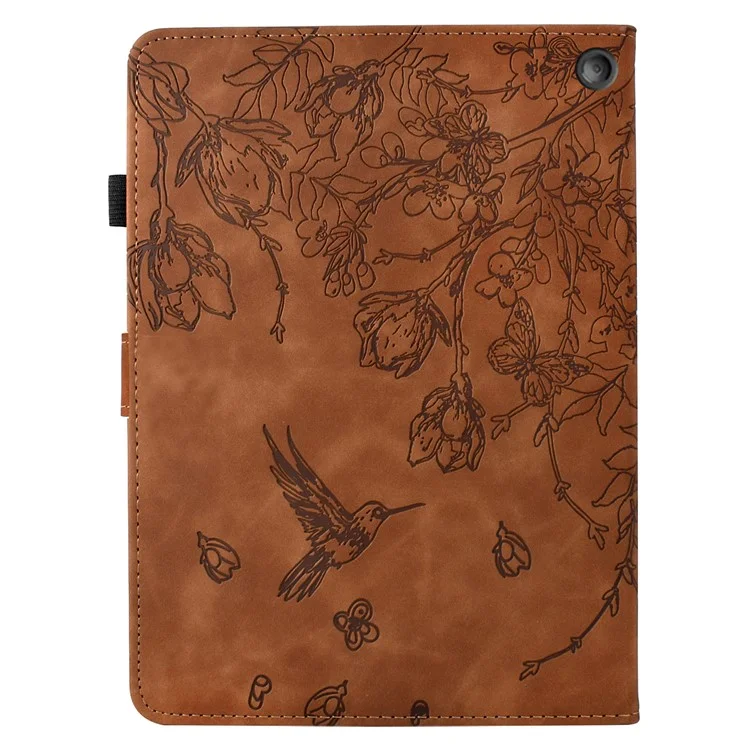 For Amazon Fire 7 (2022) Case Flower Bird Imprinted Card Holder Leather Tablet Cover - Brown