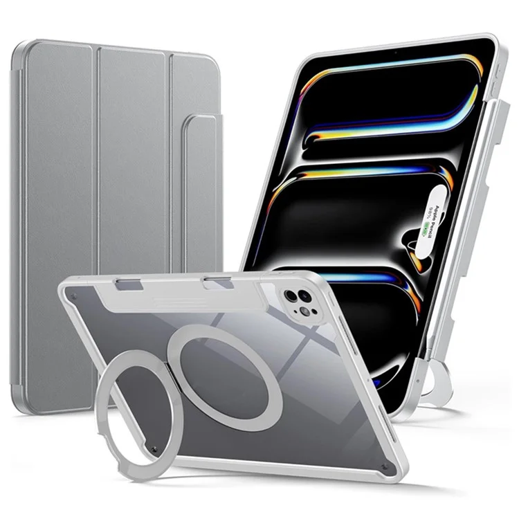 Bulk Purchasing For iPad Pro 13 (2024) Case Rotating Kickstand PC + PU Leather Detachable Magnetic Tablet Cover with Pencil Holder - Grey