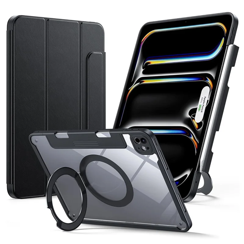 Bulk Purchasing For iPad Pro 13 (2024) Case Rotating Kickstand PC + PU Leather Detachable Magnetic Tablet Cover with Pencil Holder - Black