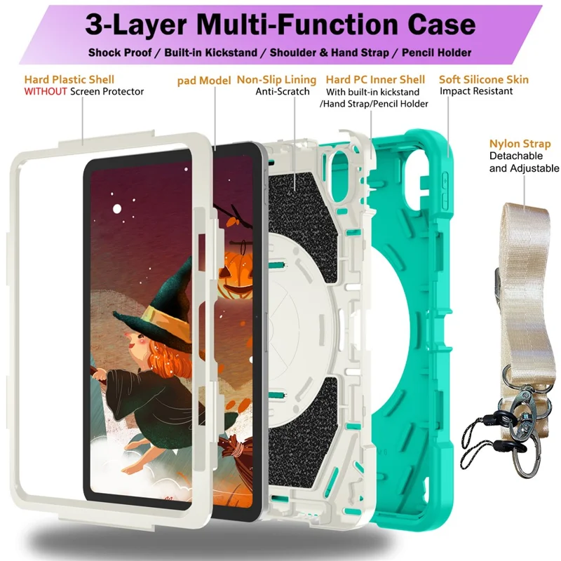 Capa para iPad Air 11 (2024) / iPad Air (2022) / (2020) com suporte, slot para caneta, silicone + PC com alça - Verde menta