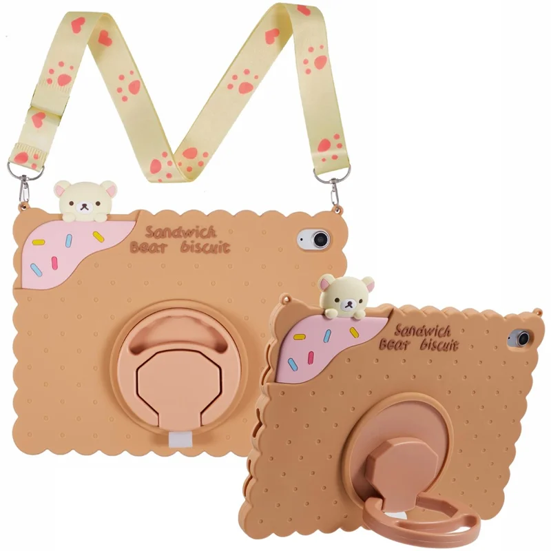 For iPad (2025) / 10.9 (2022) Silicone Case Kickstand Cute Bear Tablet Cover with Shoulder Strap - Brown