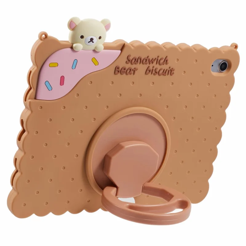 For iPad (2025) / 10.9 (2022) Silicone Case Kickstand Cute Bear Tablet Cover with Shoulder Strap - Brown