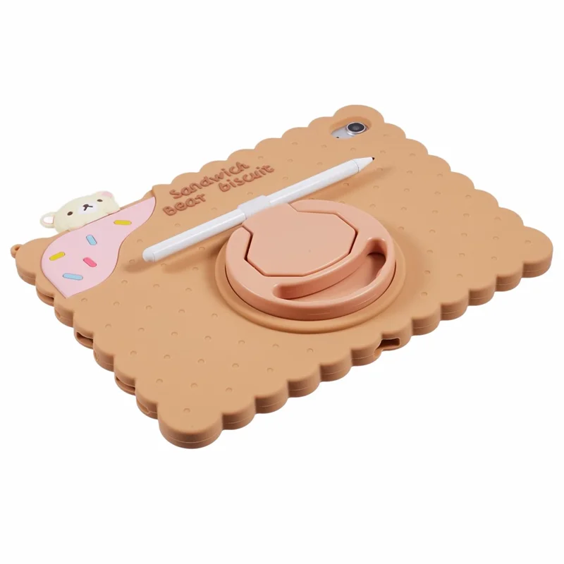 For iPad (2025) / 10.9 (2022) Silicone Case Kickstand Cute Bear Tablet Cover with Shoulder Strap - Brown