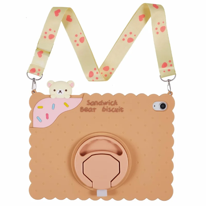 For iPad (2025) / 10.9 (2022) Silicone Case Kickstand Cute Bear Tablet Cover with Shoulder Strap - Brown