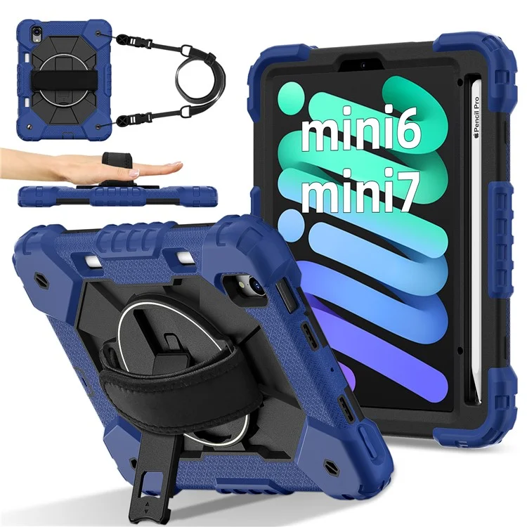 Чехол для iPad mini (2024) / (2021) из силикона и поликарбоната с подставкой и удобным ремешком - Темно-синий / Черный