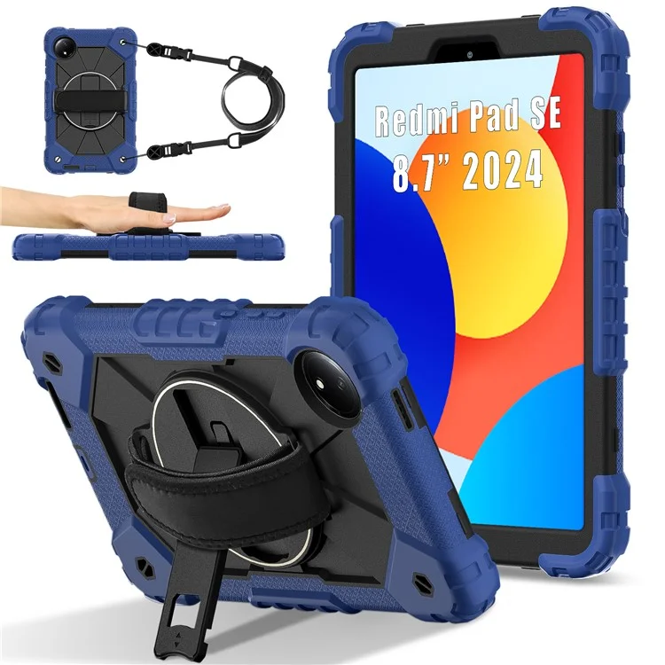 Für Xiaomi Redmi Pad SE 4G 8,7 Zoll Hülle Silikon+PC Ständer Tablet Abdeckung mit praktischem Gurt - Marineblau / Schwarz