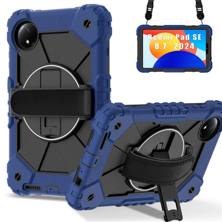 Für Xiaomi Redmi Pad SE 4G 8,7 Zoll Hülle Silikon+PC Ständer Tablet Abdeckung mit praktischem Gurt - Marineblau / Schwarz