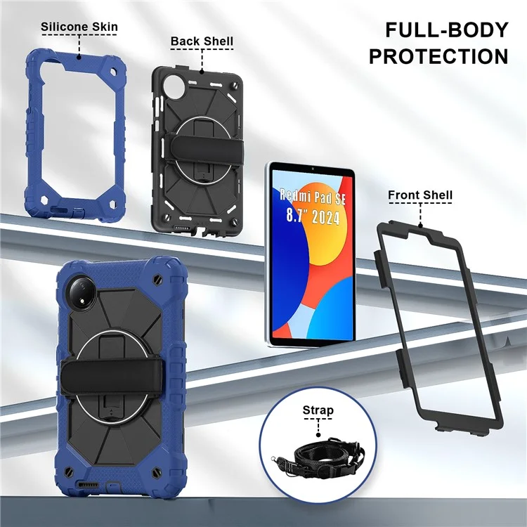 Für Xiaomi Redmi Pad SE 4G 8,7 Zoll Hülle Silikon+PC Ständer Tablet Abdeckung mit praktischem Gurt - Marineblau / Schwarz