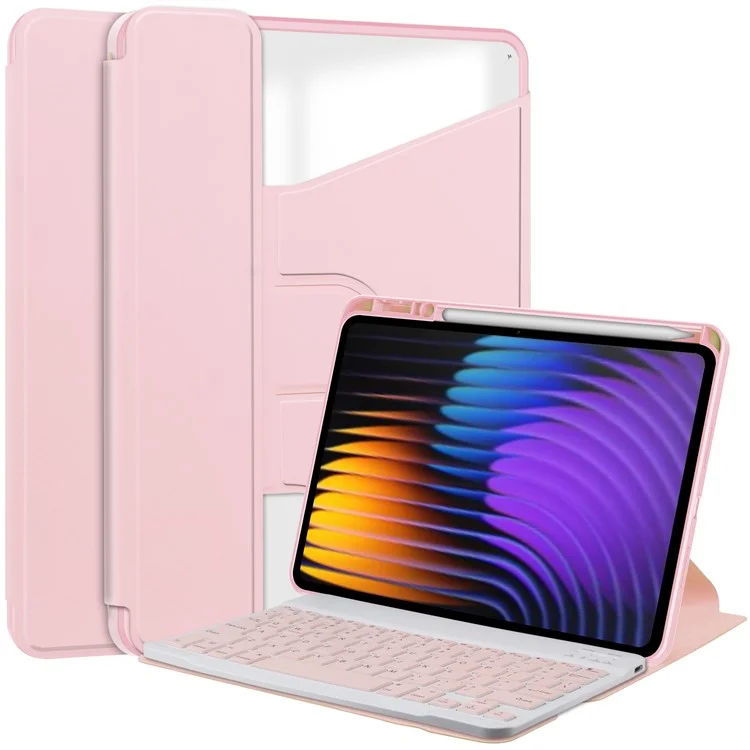 For Xiaomi Pad 7 Case 360-Degree Rotary Stand PU Leather+Acrylic Tablet Cover with Keyboard - Pink