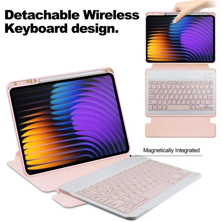 For Xiaomi Pad 7 Case 360-Degree Rotary Stand PU Leather+Acrylic Tablet Cover with Keyboard - Pink