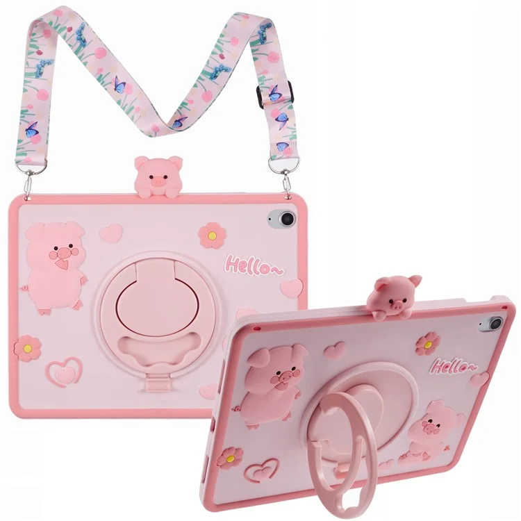 Custodia in silicone con tracolla e supporto per iPad 10.9 (2022), cover per tablet a forma di maiale cartoon