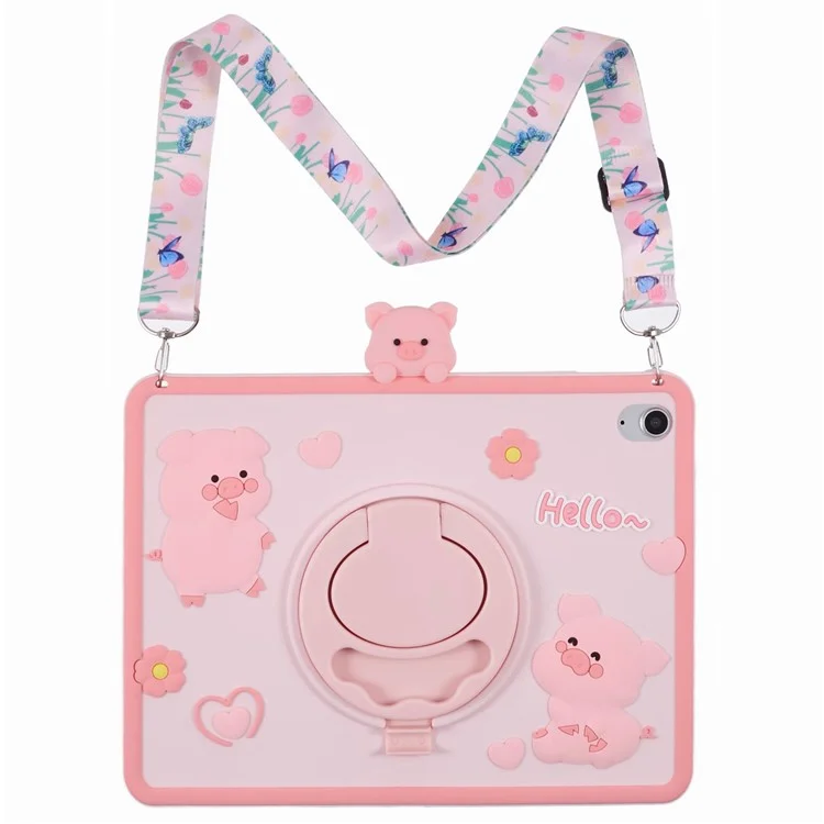 Custodia in silicone con tracolla e supporto per iPad 10.9 (2022), cover per tablet a forma di maiale cartoon