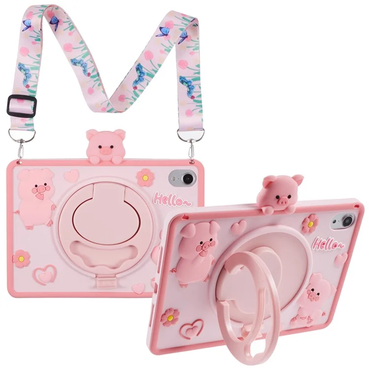For iPad mini (2024) / mini (2021) Silicone Case with Shoulder Strap Kickstand Cartoon Pig Tablet Cover