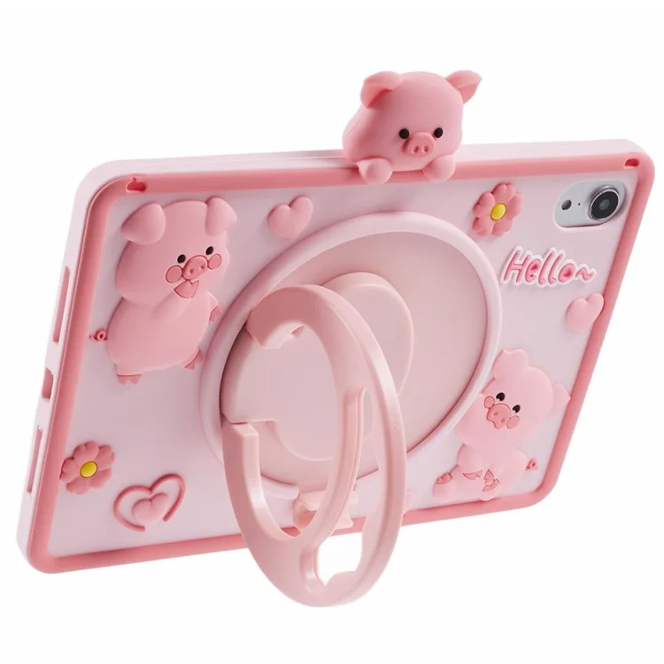 For iPad mini (2024) / mini (2021) Silicone Case with Shoulder Strap Kickstand Cartoon Pig Tablet Cover