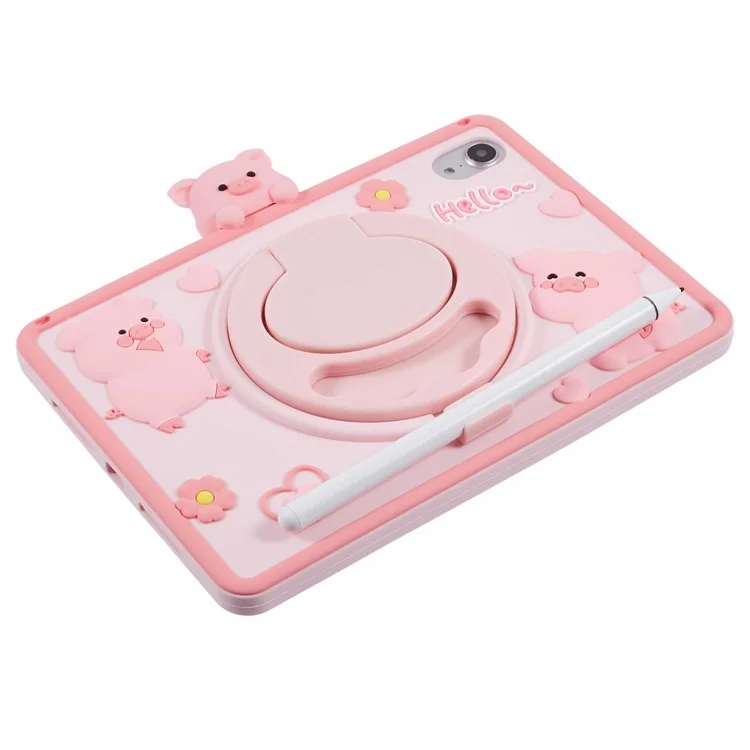 For iPad mini (2024) / mini (2021) Silicone Case with Shoulder Strap Kickstand Cartoon Pig Tablet Cover