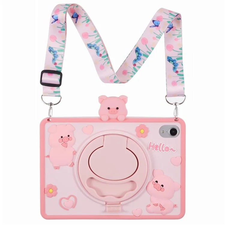 For iPad mini (2024) / mini (2021) Silicone Case with Shoulder Strap Kickstand Cartoon Pig Tablet Cover