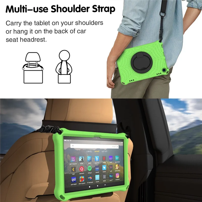 For Amazon Fire HD 8 (2020)/8 Plus (2020) Kickstand Tablet Case Anti-Scratch Protective Cover Shockproof EVA Case with Shoulder Strap - Green