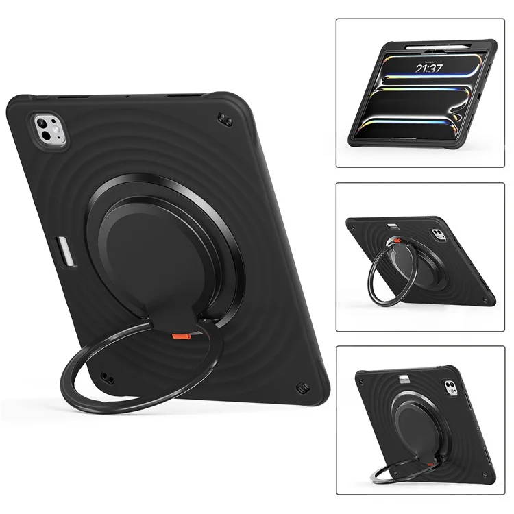 For iPad Pro 13 (2024) Case Rotatable Hand Grip Kickstand PC+Silicone+TPU Tablet Cover - Black