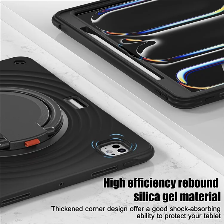 For iPad Pro 13 (2024) Case Rotatable Hand Grip Kickstand PC+Silicone+TPU Tablet Cover - Black