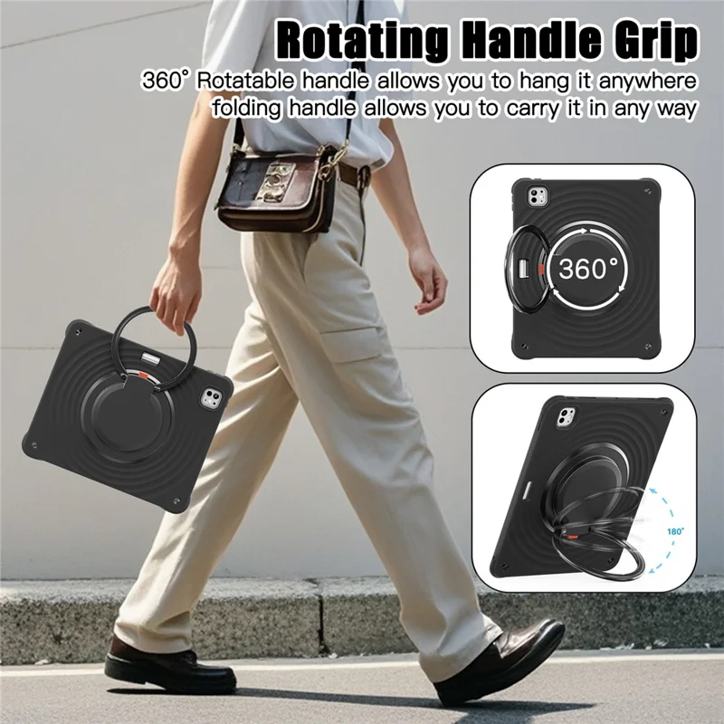 For iPad Pro 13 (2024) Case Rotatable Hand Grip Kickstand PC+Silicone+TPU Tablet Cover - Black