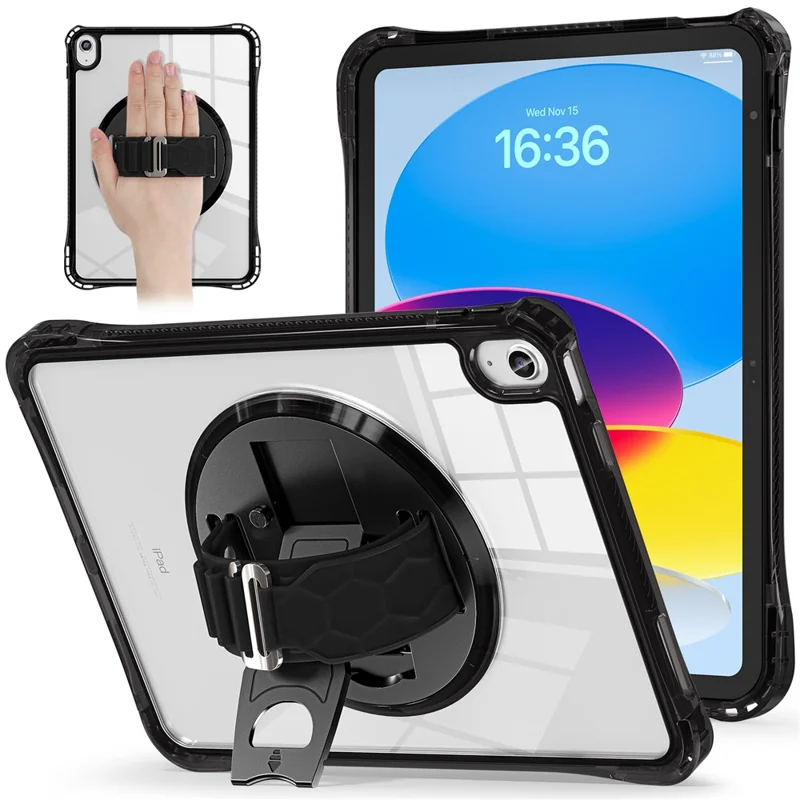Custodia per iPad 10.9 (2022) con cinturino per mano, supporto pieghevole, copertura in PC+TPU+acrilico trasparente - Nero