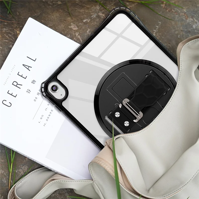 Custodia per iPad 10.9 (2022) con cinturino per mano, supporto pieghevole, copertura in PC+TPU+acrilico trasparente - Nero