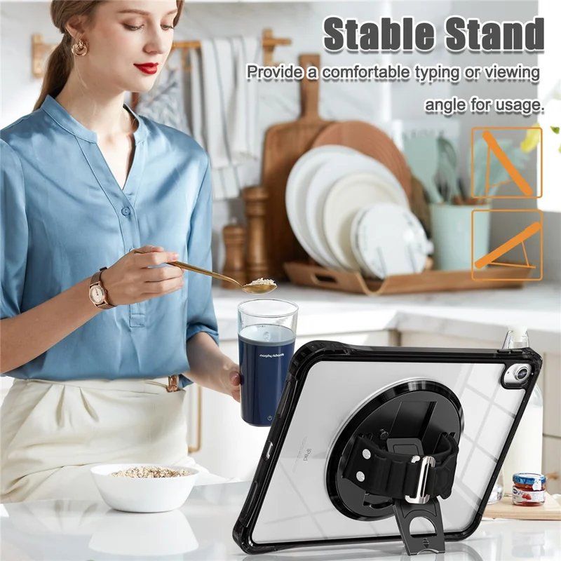 Custodia per iPad 10.9 (2022) con cinturino per mano, supporto pieghevole, copertura in PC+TPU+acrilico trasparente - Nero