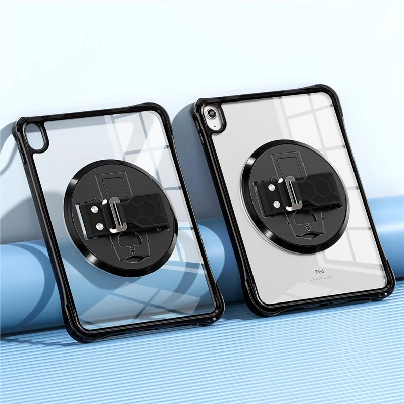 For iPad (2025) / 10.9 (2022) Kickstand Case Hand Strap PC+TPU+Acrylic Cover with Shoulder Strap - Black