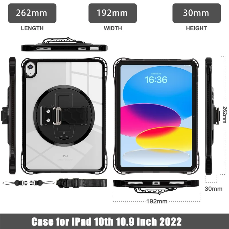 For iPad (2025) / 10.9 (2022) Kickstand Case Hand Strap PC+TPU+Acrylic Cover with Shoulder Strap - Black