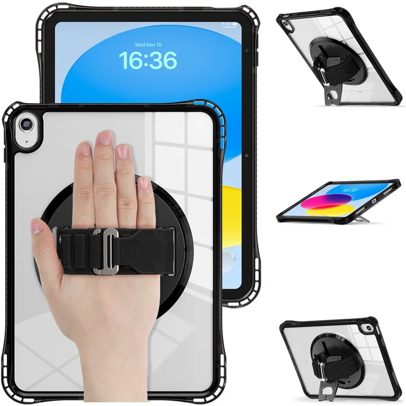 For iPad (2025) / 10.9 (2022) Kickstand Case Hand Strap PC+TPU+Acrylic Cover with Shoulder Strap - Black