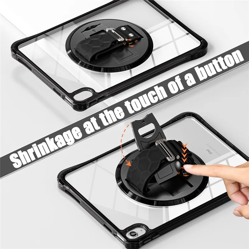 For iPad (2025) / 10.9 (2022) Kickstand Case Hand Strap PC+TPU+Acrylic Cover with Shoulder Strap - Black