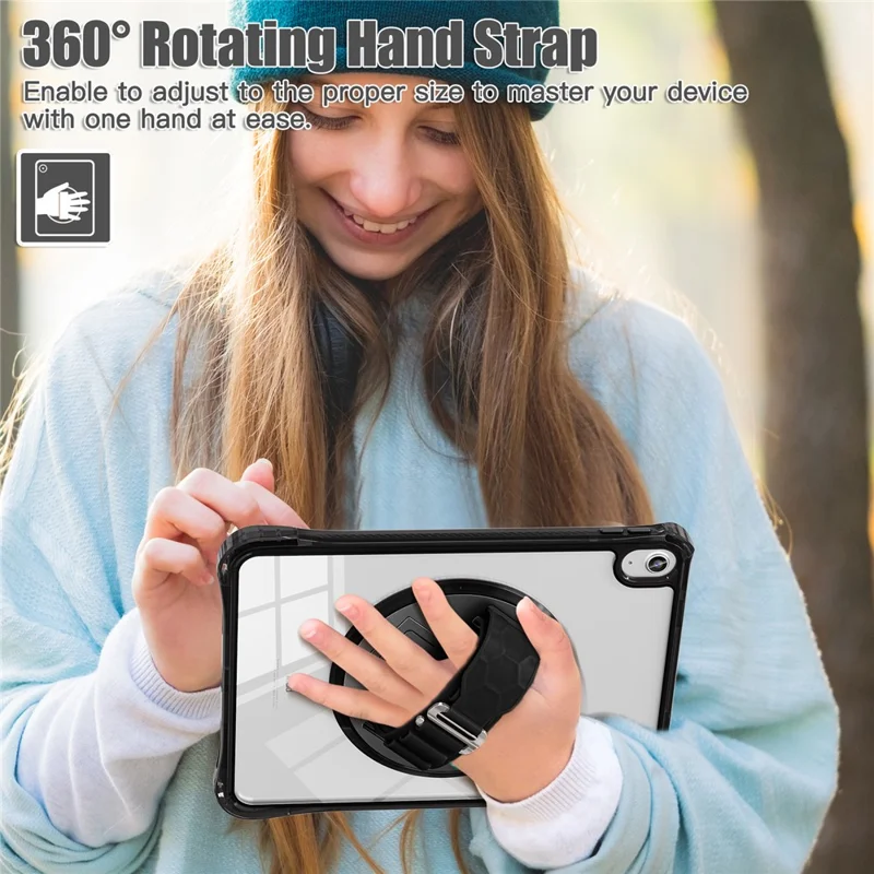 For iPad (2025) / 10.9 (2022) Kickstand Case Hand Strap PC+TPU+Acrylic Cover with Shoulder Strap - Black