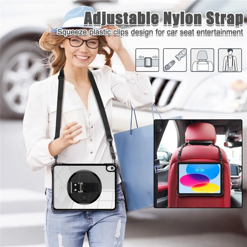 For iPad (2025) / 10.9 (2022) Kickstand Case Hand Strap PC+TPU+Acrylic Cover with Shoulder Strap - Black