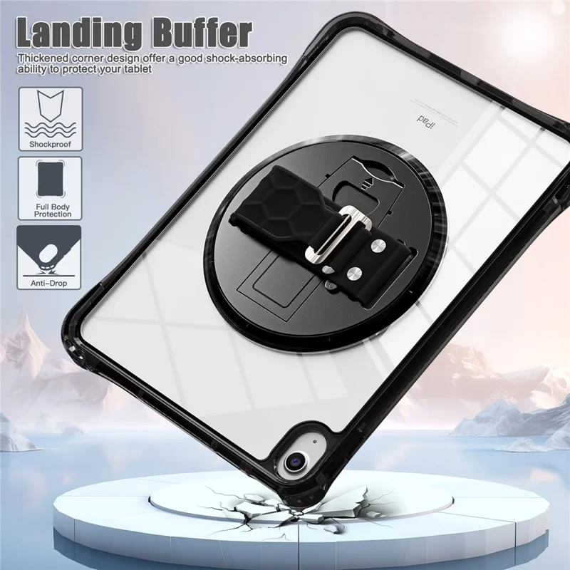 For iPad (2025) / 10.9 (2022) Kickstand Case Hand Strap PC+TPU+Acrylic Cover with Shoulder Strap - Black