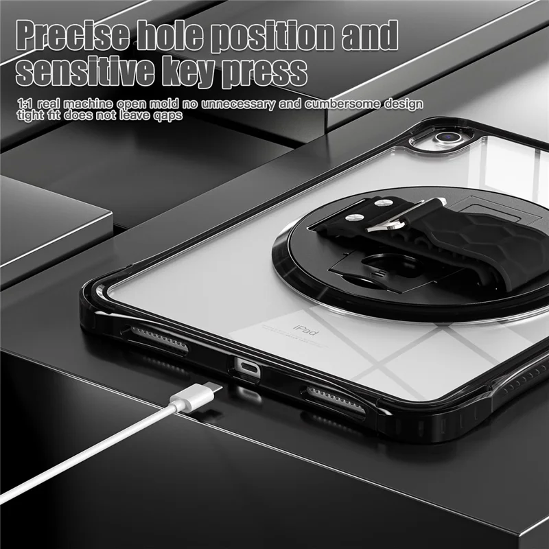 For iPad (2025) / 10.9 (2022) Kickstand Case Hand Strap PC+TPU+Acrylic Cover with Shoulder Strap - Black