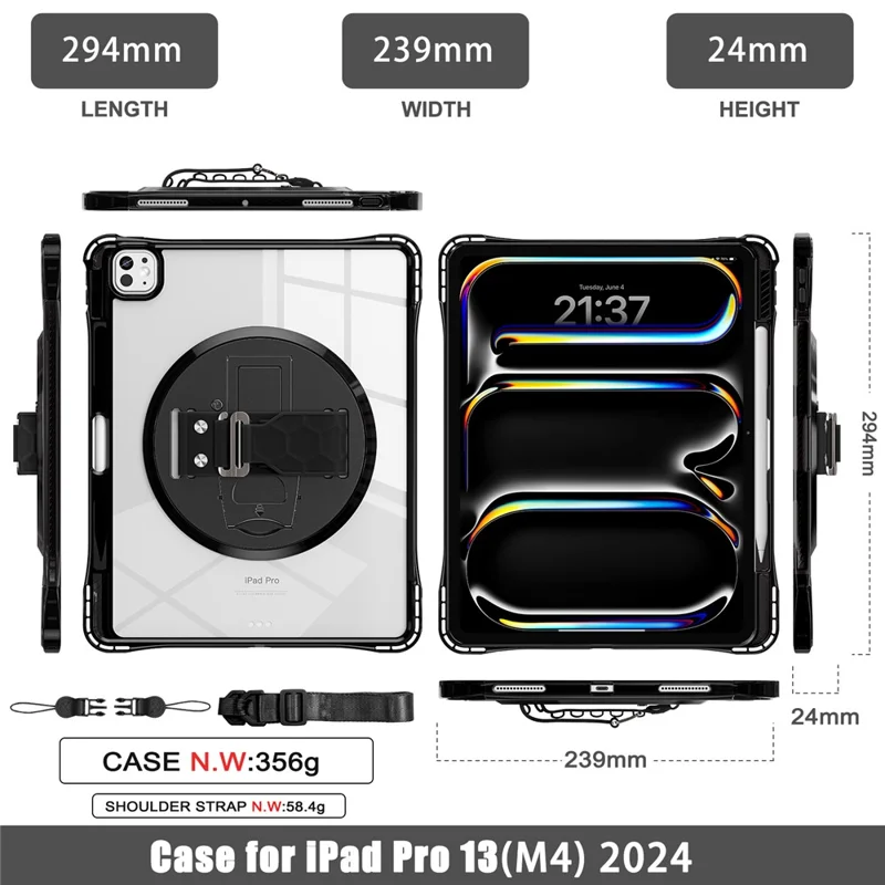 For iPad Pro 13 (2024) Kickstand Case Hand Strap PC+TPU+Acrylic Cover with Shoulder Strap - Black