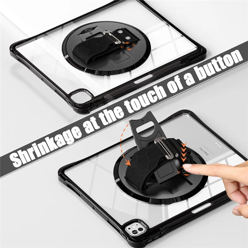 For iPad Pro 13 (2024) Kickstand Case Hand Strap PC+TPU+Acrylic Cover with Shoulder Strap - Black