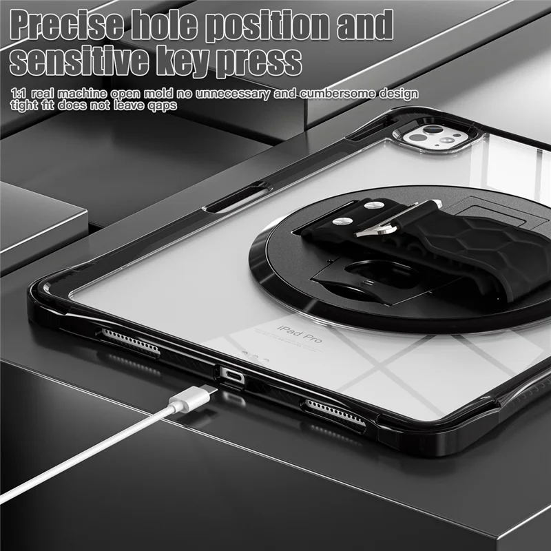 For iPad Pro 13 (2024) Kickstand Case Hand Strap PC+TPU+Acrylic Cover with Shoulder Strap - Black