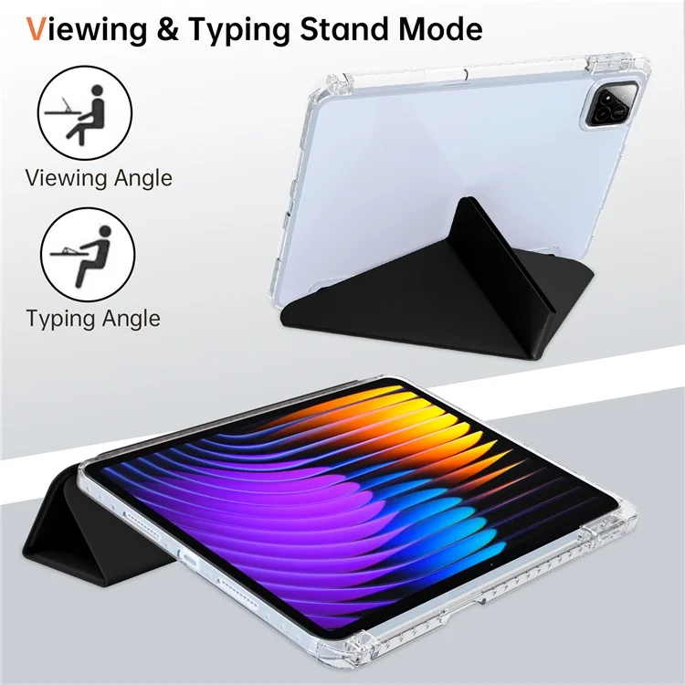 Custodia per Xiaomi Pad 7 Pro / Pad 7 in pelle PU con supporto Origami, cover trasparente per tablet - Nero
