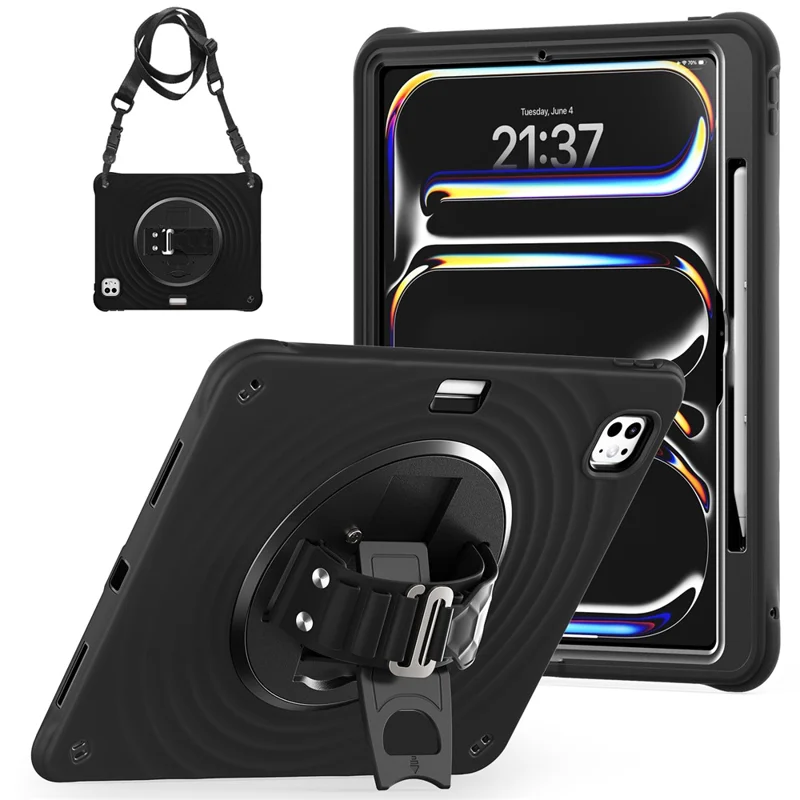 Voor iPad Pro 13 (2025) / 13 (2024) Hoes Kickstand Handgreep Tabletcover met Schouderriem - Zwart