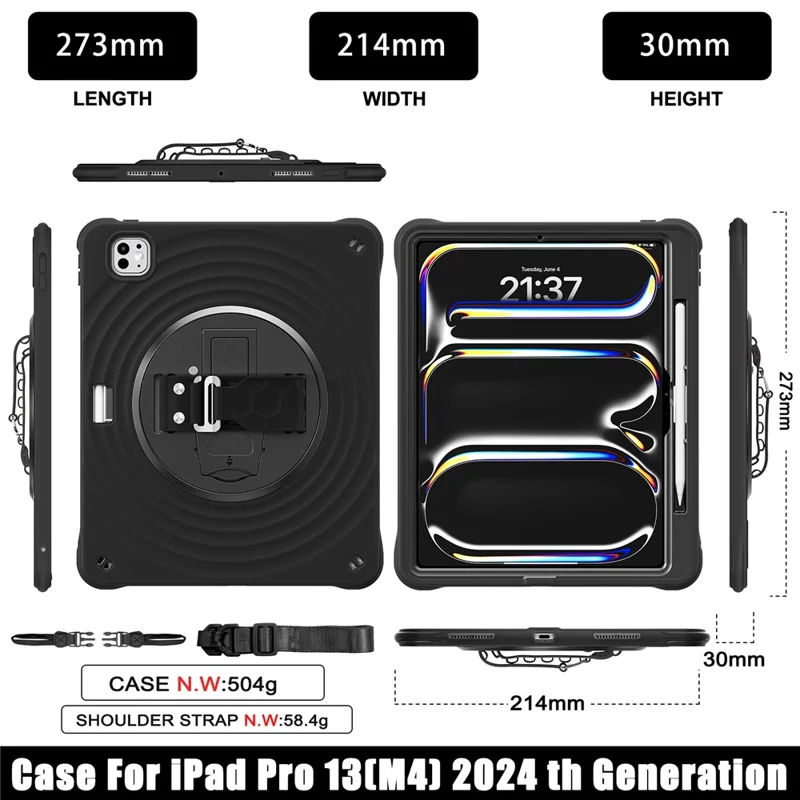 Voor iPad Pro 13 (2025) / 13 (2024) Hoes Kickstand Handgreep Tabletcover met Schouderriem - Zwart