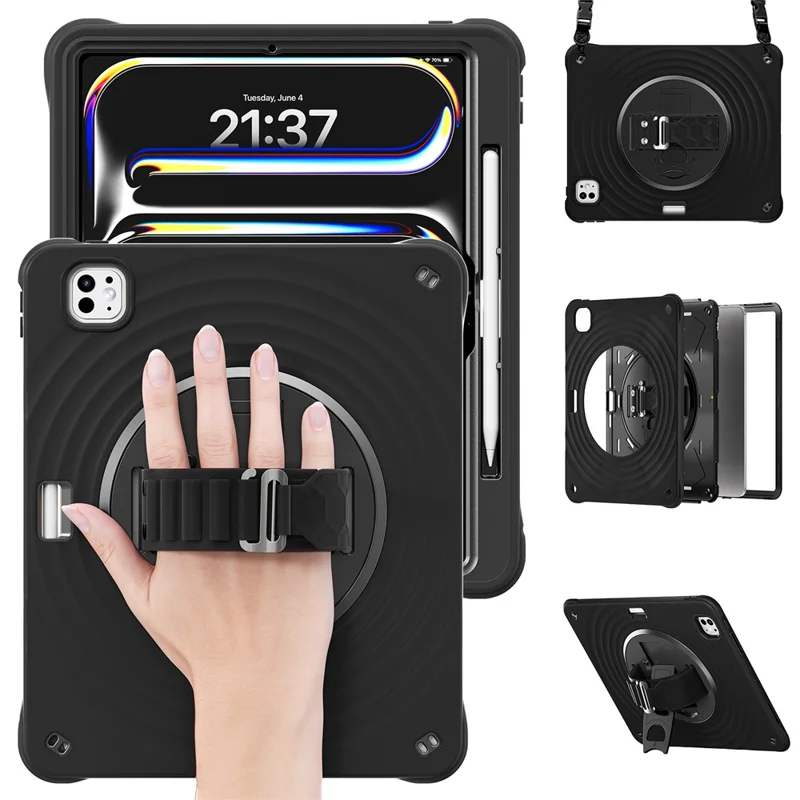 Voor iPad Pro 13 (2025) / 13 (2024) Hoes Kickstand Handgreep Tabletcover met Schouderriem - Zwart