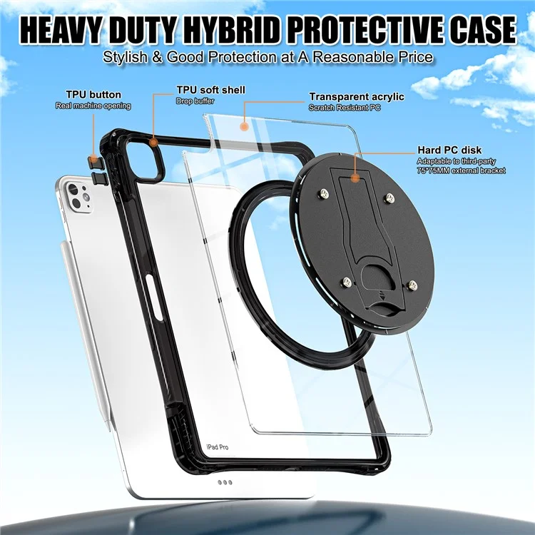 For iPad Pro 13 (2024) Clear Case PC+TPU+Acrylic Kickstand Tablet Back Cover