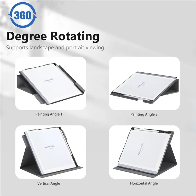 Étui pour ReMarkable 2 avec support rotatif en PC+PU, couverture de liseuse électronique avec porte-stylet - Gris